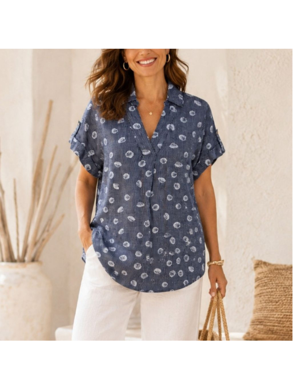 Liz Claiborne Womens L Linen Blend Shell Print Tunic Top Navy Coastal Nautical